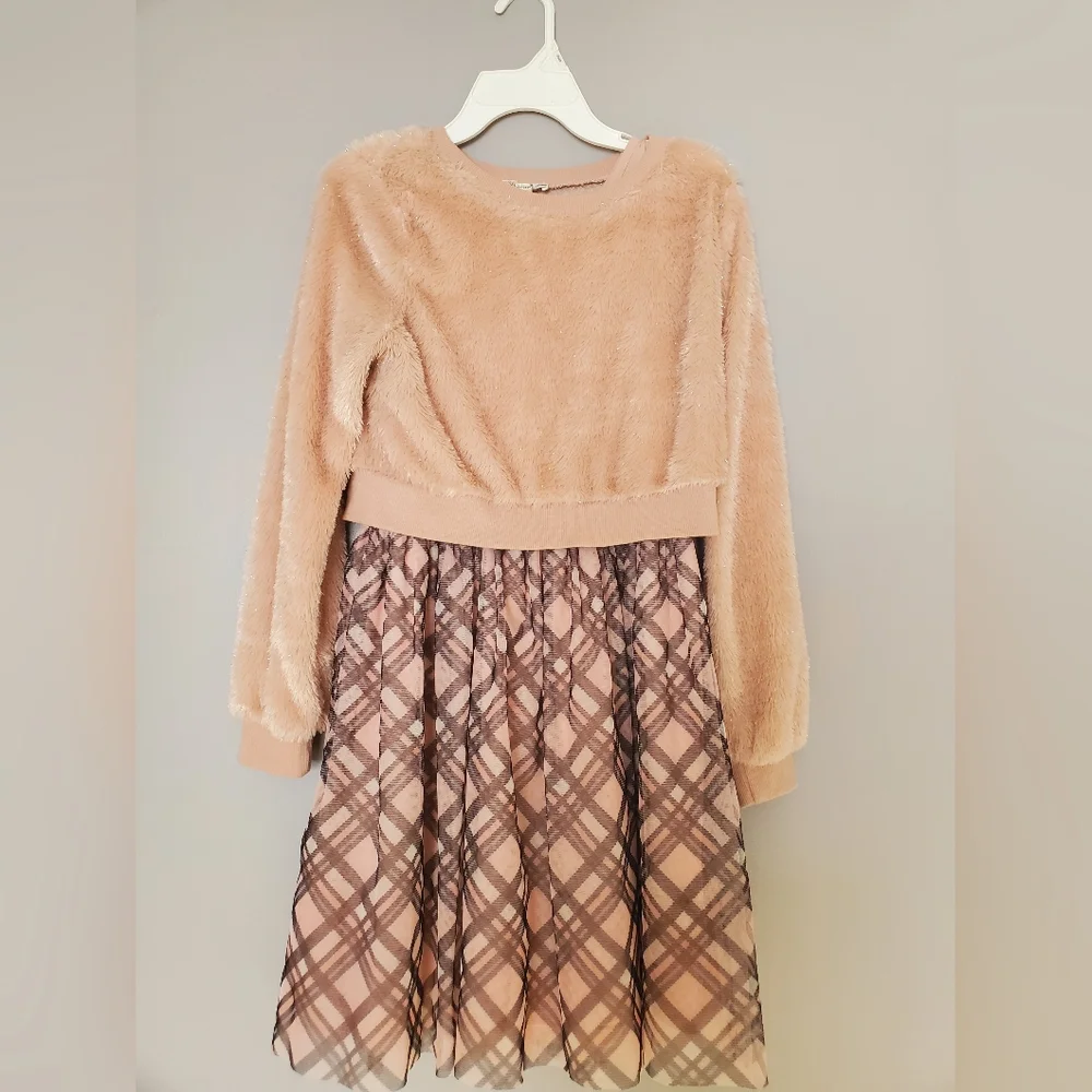 Knitworks Girls 2-Piece Dress Set - Faux Fur Crop Top & Plaid Skirt - Size 14